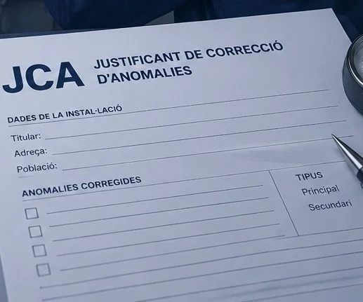 Formulario del Justificante de Corrección de Anomalías (JCA) de gas, con los campos de titular, dirección y anomalías corregidas.
