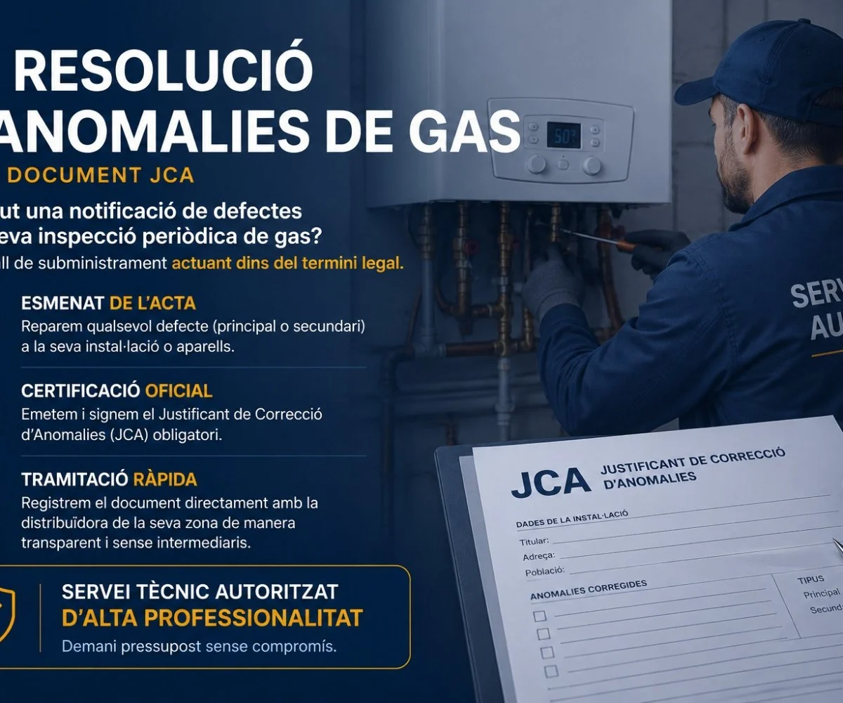 Cartell del servei de resolució d’anomalies de gas mitjançant el document JCA: esmena de l’acta, certificació oficial i tramitació ràpida davant la distribuïdora. Servei tècnic autoritzat.